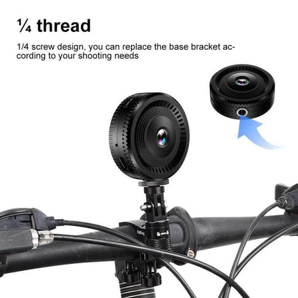 Compact Portable Fisheye Wide-Angle Lens for Everyday Monitoring mounted on bike handlebar showing 1/4 thread base and wide 140-degree fisheye view
