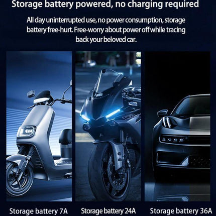 4G Automotive GPS Tracker for South American Vehicles - image showing scooters, motorcycle, and car with storage battery specs (7A, 24A, 36A) for long-term tracking