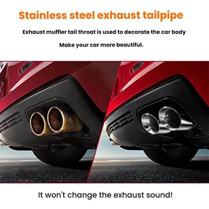 76mm Stainless Steel Double Layer Muffler Exhaust Pipe installed on rear bumper showing polished twin tail tips and corrosion protection