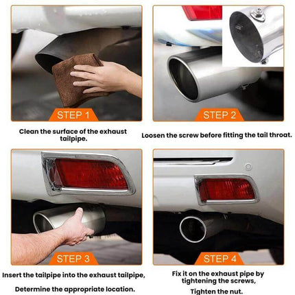 76mm Stainless Steel Double Layer Muffler Exhaust Pipe showing step-by-step screw-fixed installation and stainless steel tail tip protecting pipe