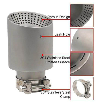 Car Inclined Stainless Steel Muffler Exhaust Pipe 76x101mm Black showing 304 stainless porous design, leak hole, frost finish and clamp for retrofit installation