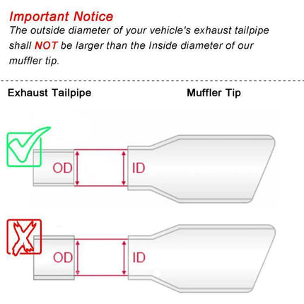 Car Inclined Stainless Steel Muffler Exhaust Pipe 76x101mm Black diagram showing check that tailpipe OD must be smaller than muffler tip ID for proper fit