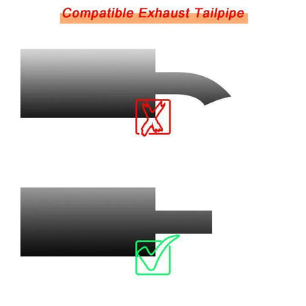 Car Inclined Stainless Steel Muffler Exhaust Pipe 76x101mm Black showing correct vs incorrect tailpipe fit with check and cross icons