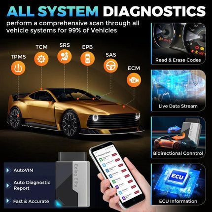KINGBOLEN Tool for Everyday Vehicle Checks on the Road Bluetooth OBD2 scanner showing all-system diagnostics, smartphone live data, read & erase codes