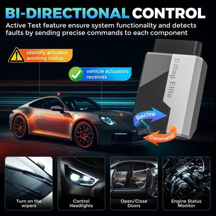 KINGBOLEN Tool for Everyday Vehicle Checks on the Road Bluetooth OBD2 scanner next to sports car showing bi-directional control and system diagnostics