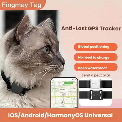 GPS Tracker for Cats and Dogs with Real-Time Location Updates on a cat collar showing app map and device features