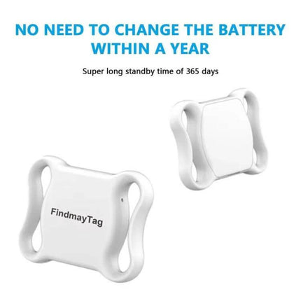 GPS Tracker for Cats and Dogs with Real-Time Location Updates showing white FindmayTag device with 365-day battery life