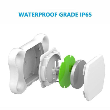 GPS Tracker for Cats and Dogs with Real-Time Location Updates showing IP65 waterproof exploded view and internal components