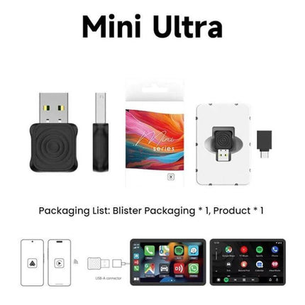 Carlinkit Wireless CarPlay/Android Auto Adapter for Wired Cars mini ultra adapter shown with USB plug, packaging and in-dash wireless CarPlay Android Auto screens