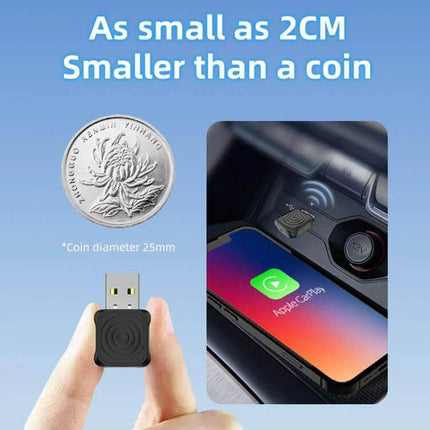 Carlinkit Wireless CarPlay/Android Auto Adapter for Wired Cars shown small beside coin and plugged into car USB enabling wireless CarPlay