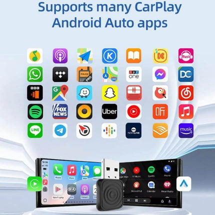 Carlinkit Wireless CarPlay/Android Auto Adapter for Wired Cars shown connecting phone to car head unit for wireless CarPlay and Android Auto