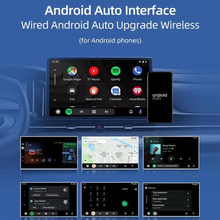 Carlinkit Wireless CarPlay/Android Auto Adapter for Wired Cars showing Android Auto interface on car display, maps, music, and app icons