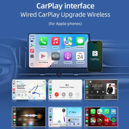 Carlinkit Wireless CarPlay/Android Auto Adapter for Wired Cars shown connecting phone to car display for wireless CarPlay and Android Auto