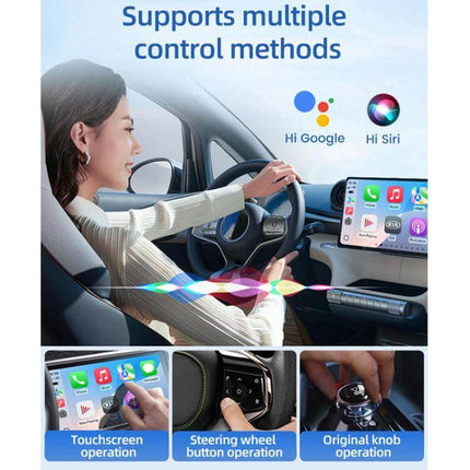 Carlinkit Wireless CarPlay/Android Auto Adapter for Wired Cars showing driver using touchscreen, steering wheel buttons and knob controls