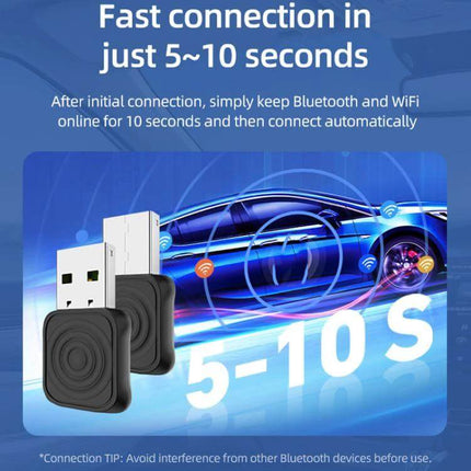 Carlinkit Wireless CarPlay/Android Auto Adapter for Wired Cars plugged into car USB showing 5–10s fast wireless connection