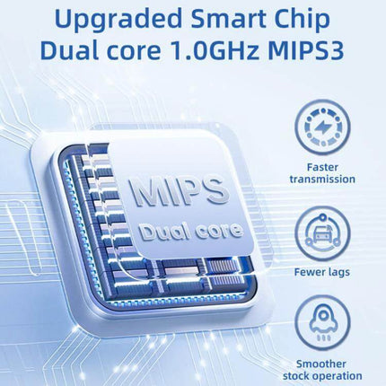 Carlinkit Wireless CarPlay/Android Auto Adapter for Wired Cars - closeup of upgraded MIPS dual core 1.0GHz chip, faster transmission, fewer lags