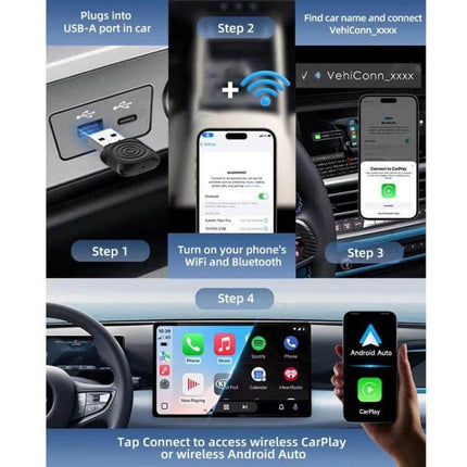 Carlinkit Wireless CarPlay/Android Auto Adapter for Wired Cars plugged into USB-A with phone pairing steps showing wireless CarPlay and Android Auto