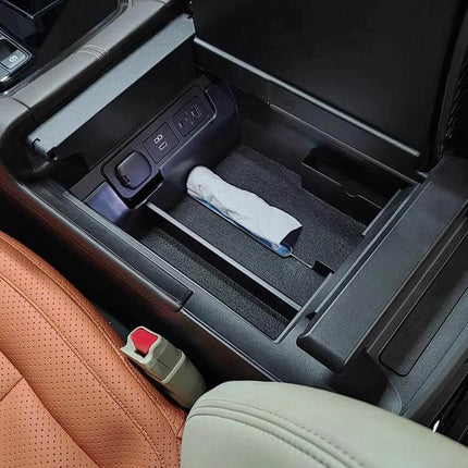 Handrail Storage Box for 2024 Alphard Car Organizer installed in center console with layered compartments and paper towel storage