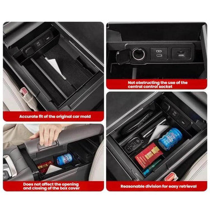 Handrail Storage Box for 2024 Alphard Car Organizer shown installed with layered compartments, paper towel slot and unobstructed central socket
