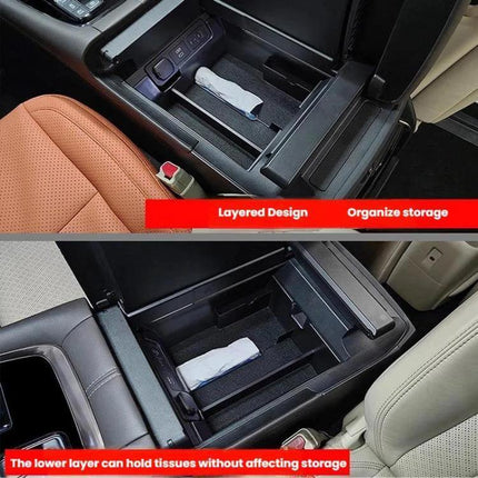 Handrail Storage Box for 2024 Alphard Car Organizer showing layered ABS insert fitting handrail area and lower tissue compartment