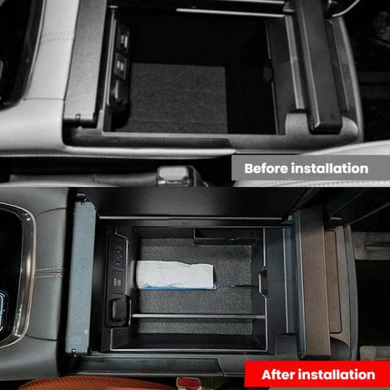 Handrail Storage Box for 2024 Alphard Car Organizer installed in center console showing layered compartments and tissue storage