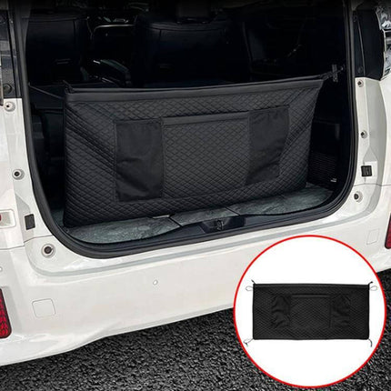 Trunk Storage Bag For Alphard And Vellfire To Organize Cargo 105x52cm shown installed in vehicle trunk, quilted microfiber leather, waterproof lining