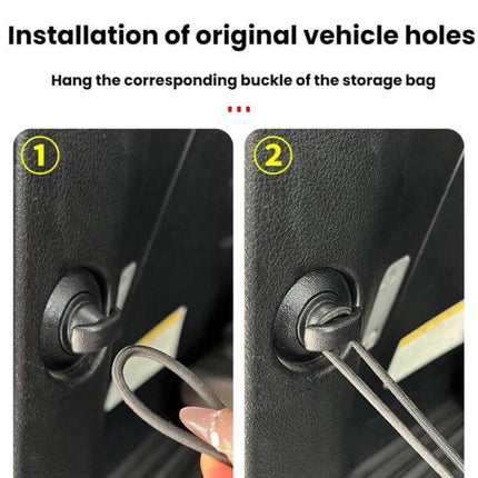 Trunk Storage Bag For Alphard And Vellfire To Organize Cargo 105x52cm - installing bag buckle into original vehicle hole, close-up of loop attachment