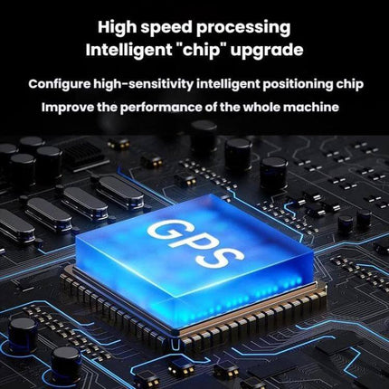 Portable Magnetic GPS Tracker for Vehicles and Safety showing a glowing GPS chip on a circuit board highlighting high-speed intelligent positioning