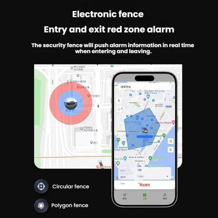 Portable Magnetic GPS Tracker for Vehicles and Safety - app showing electronic geofence circular and polygon zones for vehicle tracking and alerts