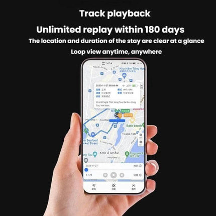Portable Magnetic GPS Tracker for Vehicles and Safety showing mobile app map playback and route history for vehicle tracking