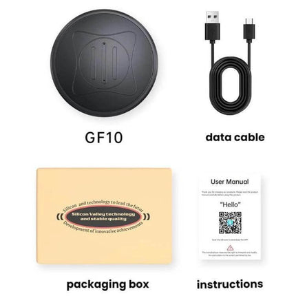 Portable Magnetic GPS Tracker for Vehicles and Safety showing GF10 tracker, USB data cable, packaging box and user manual