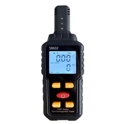 Electromagnetic Radiation Detector for Home Environments - handheld EMF tester with digital display showing readings and control buttons