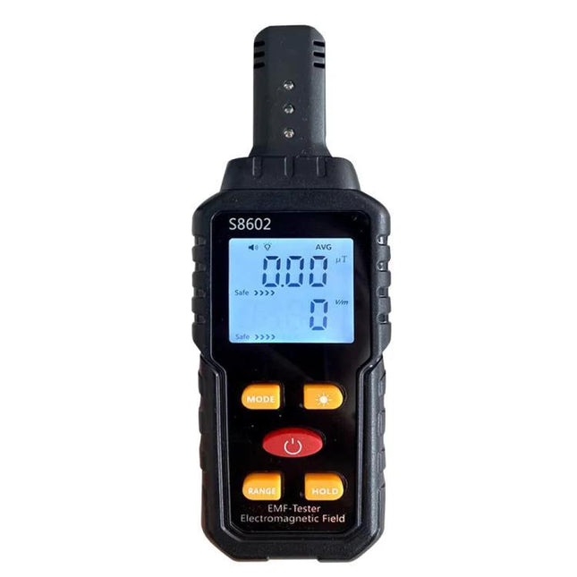 Electromagnetic Radiation Detector for Home Environments - handheld EMF tester with digital display showing readings and control buttons
