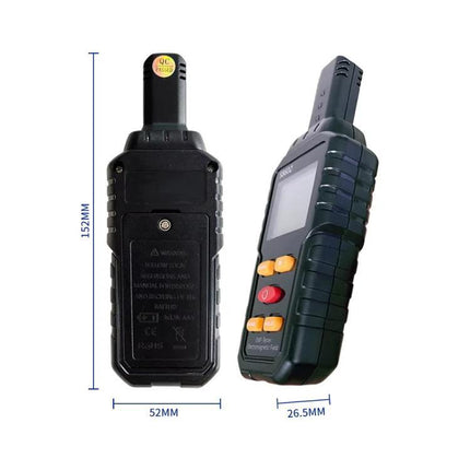 Electromagnetic Radiation Detector for Home Environments handheld EMF meter showing front and back views with dimensions