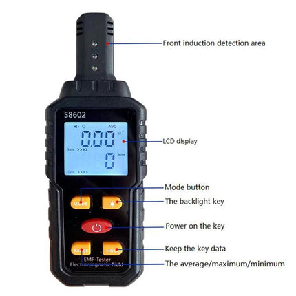Electromagnetic Radiation Detector for Home Environments handheld EMF meter with LCD display and labeled buttons