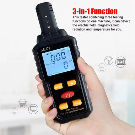 Electromagnetic Radiation Detector for Home Environments handheld EMF tester showing digital display and buttons