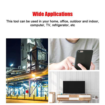 Electromagnetic Radiation Detector for Home Environments showing detector use near TV, smartphone and industrial equipment for measuring EMF levels