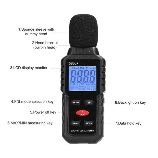 Portable Environmental Noise Meter for Daily Sound Monitoring handheld sound level meter showing LCD, buttons, and labeled parts