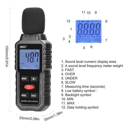 Portable Environmental Noise Meter for Daily Sound Monitoring handheld dB meter with foam windscreen, 30–130 dB range, backlit LCD display