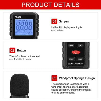Portable Environmental Noise Meter for Daily Sound Monitoring - handheld sound level meter 30-130 dB with backlit screen, buttons and windproof sponge