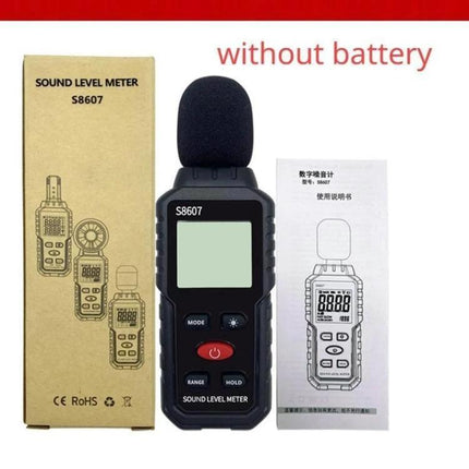 Portable Environmental Noise Meter for Daily Sound Monitoring handheld S8607 with foam windscreen, LCD, box and manual, measures 30–130 dB