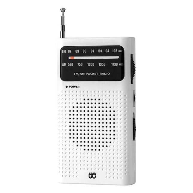 Compact Pocket FM/AM Radio for On-the-Go Listening - white handheld portable radio with antenna, speaker grille and tuning dial