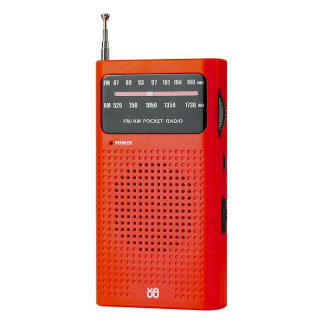 Compact Pocket FM/AM Radio for On-the-Go Listening - red durable plastic pocket radio with telescopic antenna and tuning dial