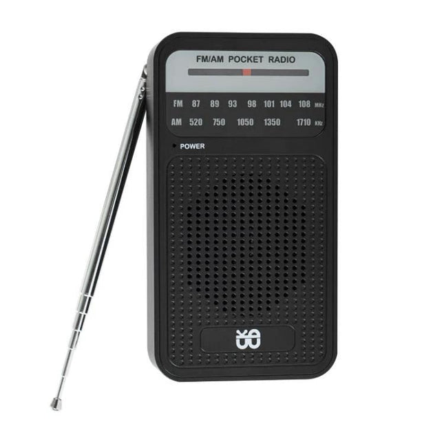 Portable AM/FM Radio with Analog Pointer Tuning for Daily Use compact black pocket radio with telescoping antenna and analog dial