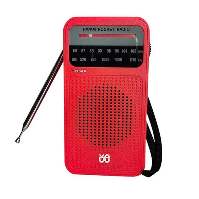 Portable AM/FM Radio with Analog Pointer Tuning for Daily Use - compact red pocket radio with analog dial, telescopic antenna and wrist strap