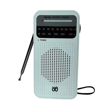 Portable AM/FM Radio with Analog Pointer Tuning for Daily Use - compact white pocket radio with speaker, analog pointer dial and telescoping antenna