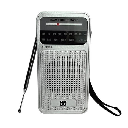 Portable AM/FM Radio with Analog Pointer Tuning for Daily Use - compact silver pocket radio with antenna and manual tuning dial