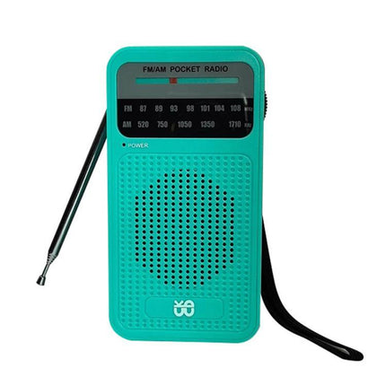 Portable AM/FM Radio with Analog Pointer Tuning for Daily Use - compact teal pocket radio with manual tuning, speaker, antenna and wrist strap