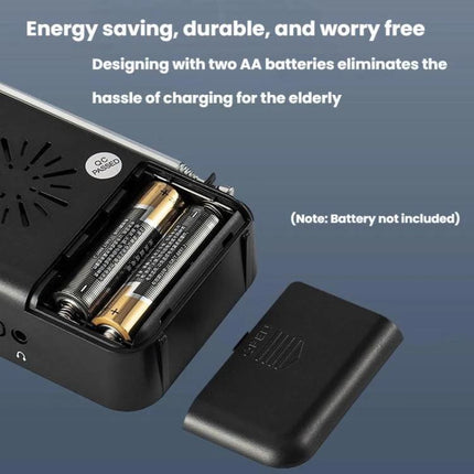 Portable AM/FM Radio with Analog Pointer Tuning for Daily Use showing open battery compartment with two AA batteries and removed cover