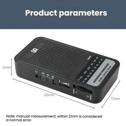 Portable AM/FM Radio with Analog Pointer Tuning for Daily Use - compact black portable radio with analog pointer, dimensions 130x72x31mm
